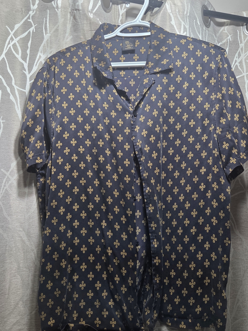 OVO Men's Black Short-Sleeve Patterned Shirt with Gold Motif